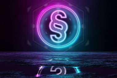 Dijital hukuk holografik ikonu dairesel olarak yeri mavi ve pembe neon ışıkla aydınlatıyor.