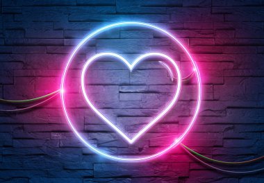 Kalp neon tüpleri ikonu, mavi ve pembe parlayan 3D renkle tuğla bir duvarı aydınlatıyor.