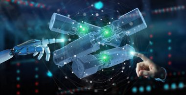 Robot el arka planda tutuyor ve yeşil yenilenebilir enerji bataryasına dokunuyor.