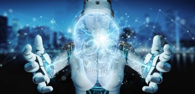 Bulanık arkaplanda dijital x-ray kafatası holografik tarama projeksiyonu 3D görüntüleme kullanan robot