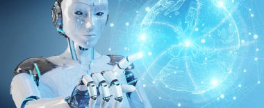 Avrupa haritası 3d render ile küre ağ hologramı kullanarak bulanık arka plan üzerinde beyaz robot