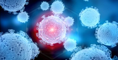Covid-19 hastalığının mikroskobik görüntüsü. Mavi Coronavirus hastalığı vücut hücrelerine yayılıyor. Mikroskop seviyesi 3D görüntüleme 2019-nCoV analizi