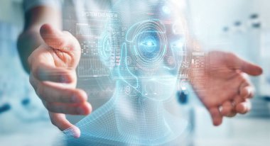 Bulanık arka planda dijital yapay zeka arayüzü kullanan işadamı 3D görüntüleme
