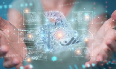 Arka planda bulanık duran ve kabloya dokunan üç boyutlu bir motorun holografik projeksiyonuna sahip bir kadın.