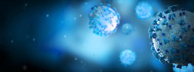 Covid-19 hastalığının mikroskobik yakın çekimi. Mavi Coronavirus hastalığı vücut hücrelerine yayılıyor. Mikroskop seviyesi 3D görüntüleme 2019-nCoV analizi
