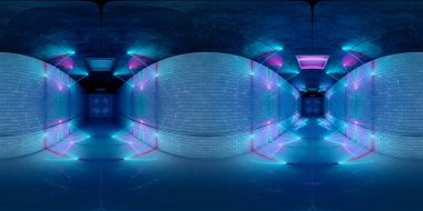 Yeraltı dünyasının fütüristik HDRI iç mimarisi. Duvarlara ve yere yansıyan parlak mavi ve pembe neon ışık tüpleri. 360 panorama yansıması uzun renkli bir tünelin 3D görüntülemesi