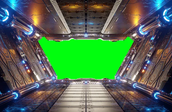 Laranja Azul Futurista Nave Espacial Interior Com Tela Janela Verde — Fotografia de Stock