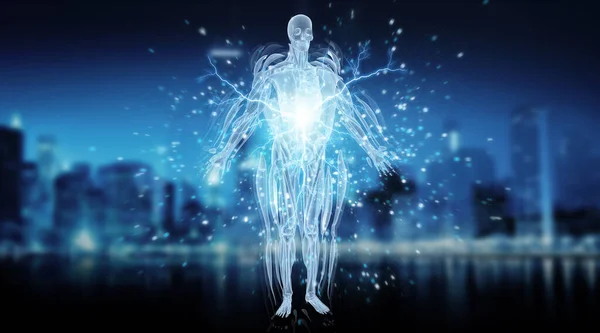 暗い青の背景にデジタルX線人体ホログラフィックスキャン投影3Dレンダリング — ストック写真