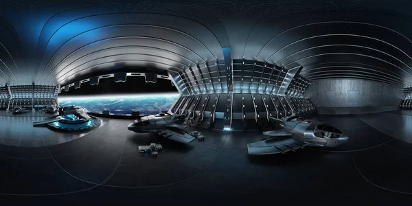 Hochauflösender Hdri Panoramablick Auf Ein Dunkelblaues Futuristisches Raumschiff Auf Der — Stockfoto
