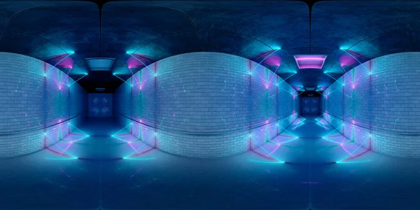 Futuristico Interno Sotterraneo Hdri Con Tubi Luminosi Neon Blu Rosa — Foto Stock