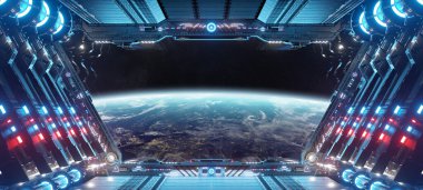 Mavi ve kırmızı fütüristik uzay gemisi. NASA tarafından döşenmiş bu görüntünün 3 boyutlu görüntüsü.