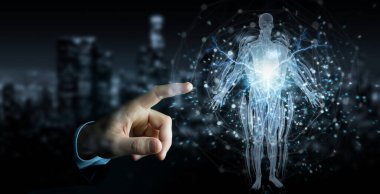 İnsan eli bulanık arkaplanda dijital x-ray insan vücudu holografik tarama projeksiyonu 3D