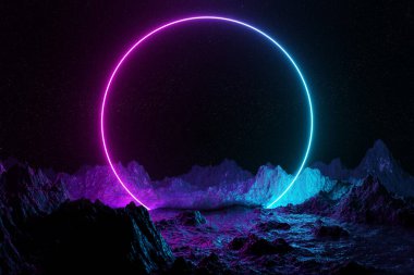 Asteroit dağ zeminine yansıyan mavi ve pembe neon ışık çemberli soyut arkaplan 3D