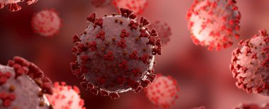Covid-19 hastalığının mikroskobik yakın çekimi. Kırmızı Coronavirus hastalığı vücut hücrelerine yayılıyor. Mikroskop seviyesi 3D görüntüleme 2019-nCoV analizi