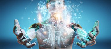Dijital yapay zeka holografik projeksiyonunu kullanarak bulanık arkaplan üzerindeki Cyborg 3D görüntüleme