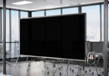 Ofis camında asılı siyah panoramik çerçeve. Modern şirket içinde bir reklam panosunun maketi.