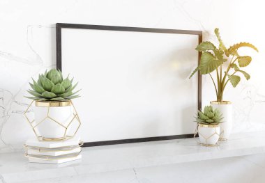 Bitki ve dekorasyonlar ile parlak mermer iç beyaz raf üzerinde eğilme siyah çerçeve 3D Rendering