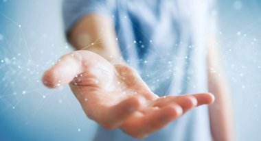 Bulanık arkaplandaki işadamı, noktalı ve 3B çizgili yüzen dijital ağ bağlantılarını kullanarak