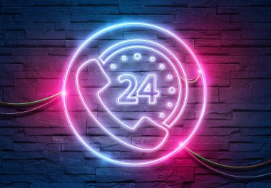 Tuğla bir duvarı mavi ve pembe ışıklı 3D renkle aydınlatan yardım hattı neon tüpleri simgesi