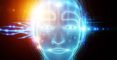 Yapay zeka kavramı 3B oluşturmayı temsil eden robot adam cyborg yüz