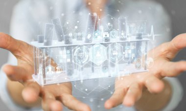 Arka planda bulanık duran ve holografik tüplere dokunan kadın projeksiyon 3 boyutlu görüntüleme