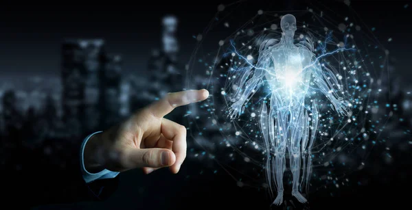 Ember Kéz Elmosódott Háttér Segítségével Digitális Röntgen Emberi Test Holografikus — Stock Fotó
