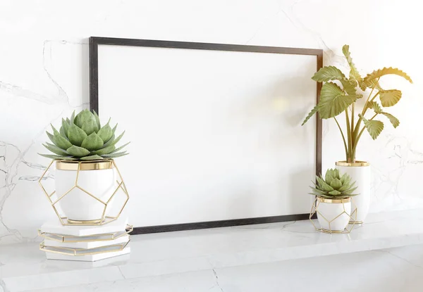 植物や装飾モックアップ3Dレンダリングと明るい大理石のインテリアで白い棚に傾く黒いフレーム — ストック写真