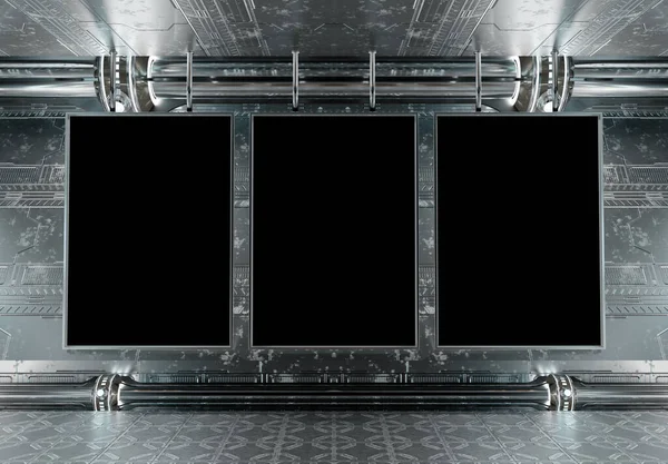 Drei Vertikale Plakatwände Futuristischer Bahn Attrappe Triptychon Hoardings Raumschiff Interieur — Stockfoto