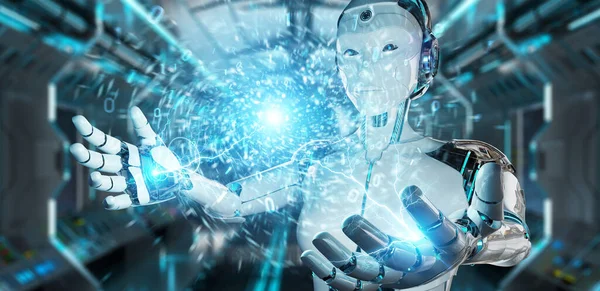 Weißer Humanoider Roboter Auf Verschwommenem Hintergrund Schafft Neue Futuristische Energiequelle — Stockfoto
