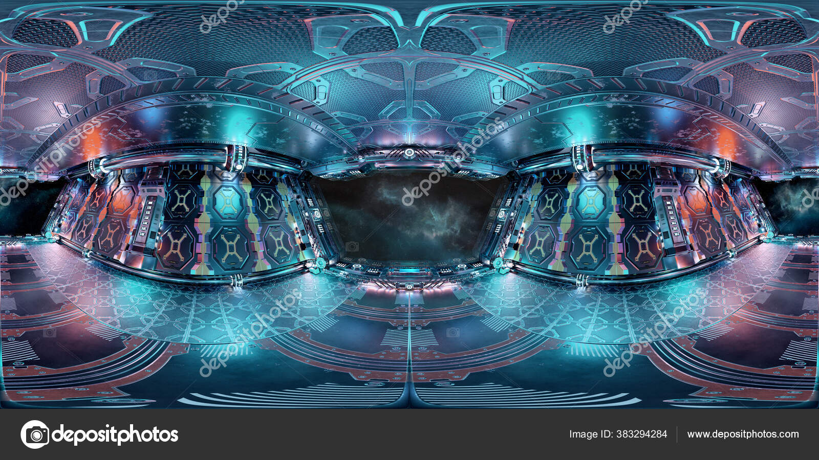 Alta Resolução Hdri Vista Panorâmica Interior Nave Espacial Colorida  Mapeamento — Foto © sdecoret #383294284, image size:1600x900
