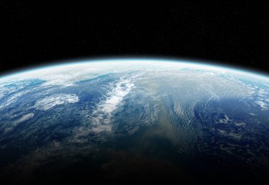 Mavi Gezegen Dünya 'nın görüntüsü, NASA tarafından desteklenen bu görüntünün 3 boyutlu görüntülemesi sırasında atmosfere yakınlaşır.