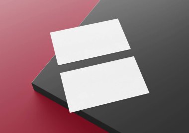 Kırmızı ve gri arka planda iki beyaz Amerikan kartviziti Mockup. Ön ve arka renkli yüzey 3D görüntüleme üzerinde Amerikan büyüklüğünde kartvizit