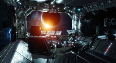 Uzay gemisi grunge iç kontrol odası, NASA tarafından döşenmiş bu görüntünün 3 boyutlu görüntüsü ve koltukları var.