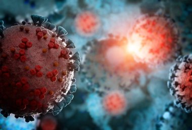 Coronavirus covid-19 hastalığının mikroskop görüntüsü. 2019-NCoV vücut hücresine yayılıyor. Bakterinin mikroskobik seviyede 3 boyutlu görüntülenmesi.