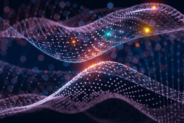 Neon mavi ve turuncu kablo şablonu koyu arkaplan üzerinde dijital ağ bağlantısı oluşturuyor