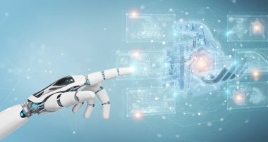 Robot el bulanık arka plan tutuşu ve kablo holografik dijital projeksiyonuna dokunuyor.