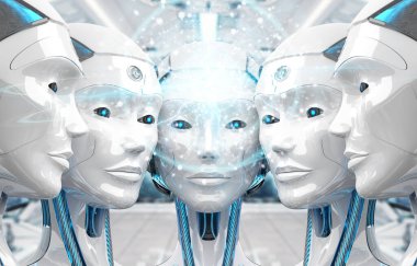 Grup dijital küre ağ bağlantısı 3d render oluşturma kadın robotlar başkanları