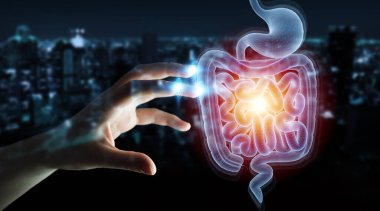 Man hand on dark background using digital x-ray of human intestine holographic scan projection 3D rendering clipart