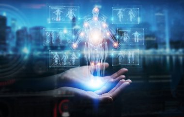 İnsan eli bulanık arkaplanda dijital x-ray insan vücudu holografik tarama projeksiyonu 3D