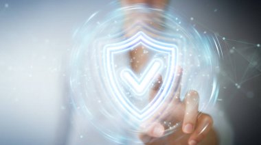 Bulanık arkaplanda bulunan, dijital kalkan koruması mavi holografik arayüzü kullanan kadın 3D görüntüleme