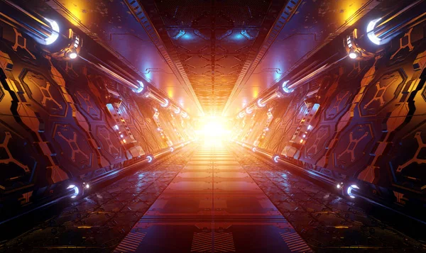 Oranžový Modrý Futuristický Interiér Kosmické Lodi Výhledem Okna Planetě Zemi — Stock fotografie