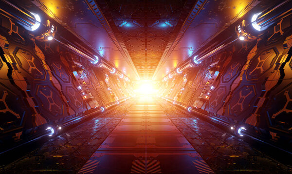 Оранжевый и синий футуристический интерьер космического корабля с видом на окно на планете Земля 3D рендеринг элементов этого изображения, предоставленного НАСА