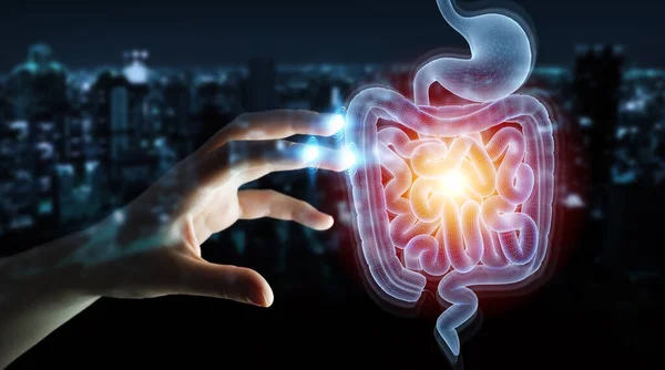 Man Hand Dark Background Using Digital Ray Human Intestine Holographic — Stock Photo, Image