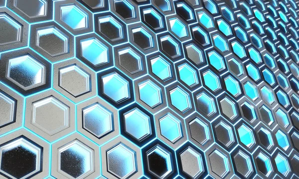 Brillante Patrón Fondo Hexagones Negro Azul Superficie Metal Plateado Representación —  Fotos de Stock