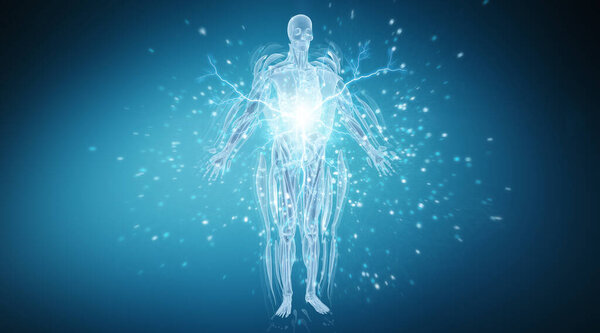 Digital x-ray human body holographic scan projection on dark blue background 3D rendering