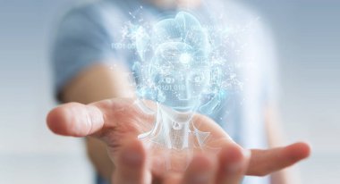 Bulanık arkaplanda dijital yapay zeka holografik projeksiyon 3D görüntüleme kullanan bir adam.