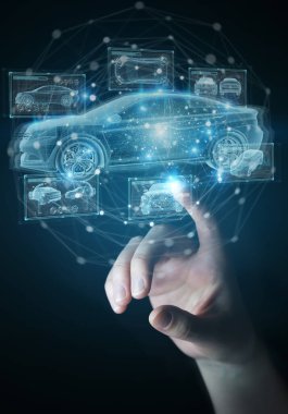 Adam eli arka planda tutarken ve holografik akıllı araba arayüzü projeksiyonuna dokunurken 3D görüntüleme