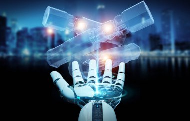 Robot el arka planda tutuyor ve yeşil yenilenebilir enerji bataryasına dokunuyor.
