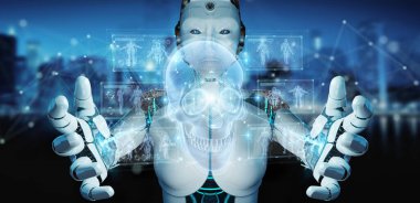 Bulanık arkaplanda dijital x-ray kafatası holografik tarama projeksiyonu 3D görüntüleme kullanan robot