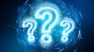 Mavi arkaplan 3D görüntüleme üzerinde sanal arayüzü işaretleyen dijital soru